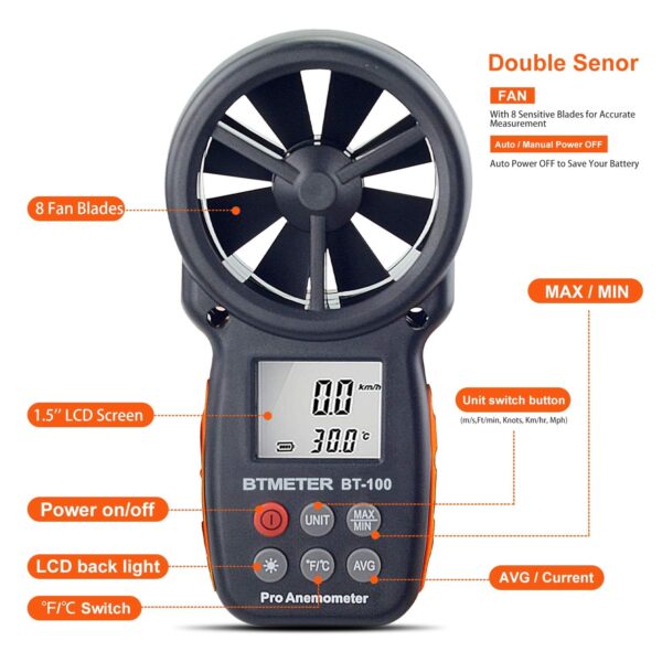 BTMETER BT-100 Handheld Anemometer, Digital Wind Speed CFM Meter Gauge Air Flow Velocity Tester for HVAC Shooting Drone, Wind Chill, 14℉-113℉ Wind Temperature - Image 4