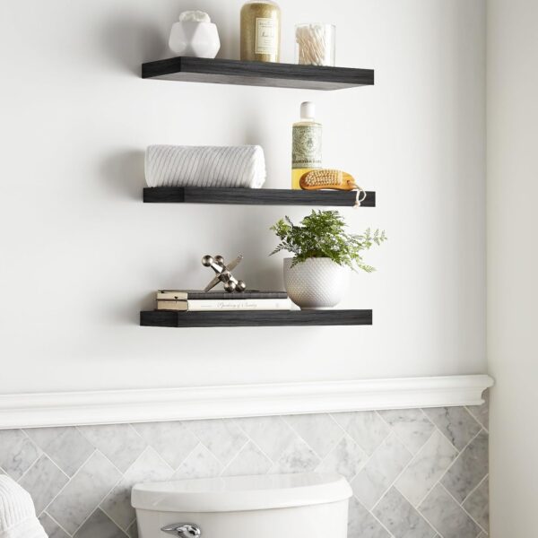 BAYKA Floating Shelves for Wall, Wall Mounted Rustic Wood Shelves for Bathroom, Bedroom, Living Room, Kitchen, Hanging Shelf for Books/Storage/Room Decor with 22lbs Capacity (Black, Set of 3, 15.7in) - Image 4