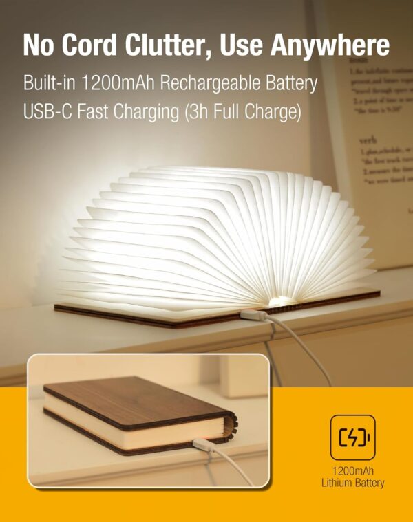 5.7 Inch Wooden Book Lamp - Portable Folding LED Book Light for Reading, Home & Library Decor, Unique Gift for Book Lovers, Magnetic Book-Shaped Night Light (Walnut) - Image 5