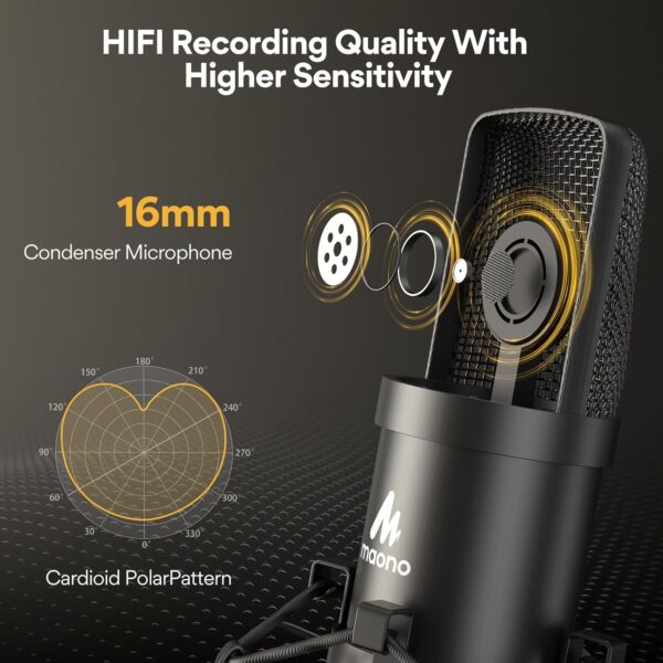 USB Microphone, MAONO 192KHZ/24Bit Plug & Play PC Computer Podcast Condenser Cardioid Metal Mic Kit with Professional Sound Chipset for Recording, Gaming, Singing, YouTube (AU-A04) - Image 3