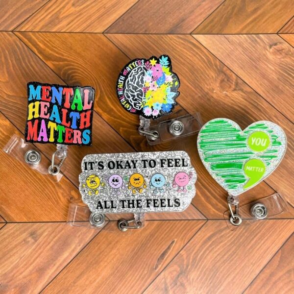 4PC Mental Health Matters Badge Reel Awareness Social Work Worker Medical Nurse Badges Clip Holder Retractable Funny Cute It’s Okay to Feel All Feels You Matter Green Heart Neuro Gifts Accessories - Image 5