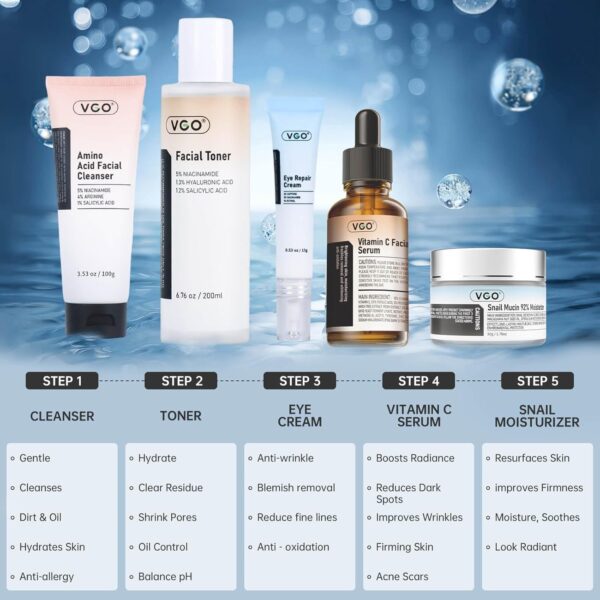VGO Skin Care Set, Anti-Aging Moisturizing Repairing Soothing Snail Mucin Facial Skin Care Routine Kit for Dry Sensitive Dull Skin, 13.58 Fl Oz - Image 5