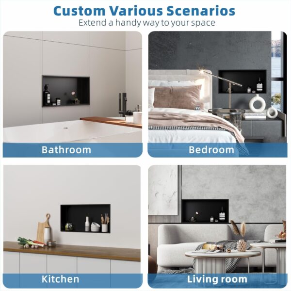 Shower Niche Stainless Steel: No Tile Needed - 24"x12" Recessed Wall Niche Shelf for Bathroom Kitchen Toilet Living Room Storage - Matte Black - Image 6