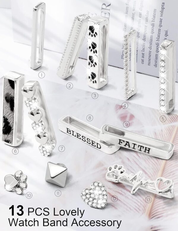 JR.DM 13 Pcs Silver Watch Band Charms with 10-Pcs Decorative Rings Loops 3-Pcs Decoration, Compatible with Apple Watch Band Metal Diamond Sliding Accessories for iWatch Series 10 9 8 7 6 5 4 3 2 1 - Image 2