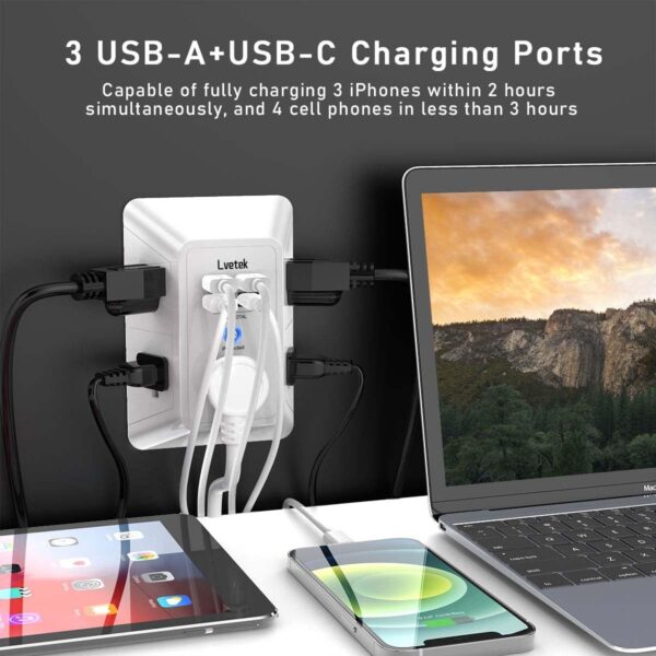 5 Outlet Extender Multi Plug Wall Outlets with 4 USB Charging Ports (1 USB C Outlet), 3 Sided 1680J Surge Protector Power Strip USB Wall Charger for Home, Office, Travel, ETL Listed, White - Image 2