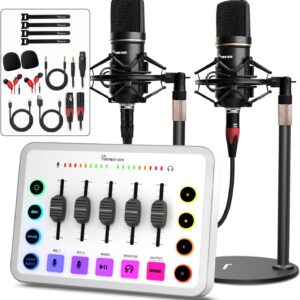 Podcast Equipment Bundle for 2, Streaming Audio Interface with 5 Channel, XLR Microphone Interface, RGB,48V Phantom Power, Perfect for Game,Podcast,Record,TikTok-White (H1)
