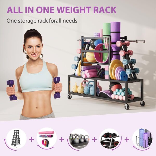 Dumbbell Rack Weight Rack Storage-Large Dumbbells Rack Home Gym Storage,Multilevel Workout Storage Organizer with Wheels and Barbell Holder,Perfect for Yoga Mat Balls Kettlebells and Fitness Gear,black - Image 3