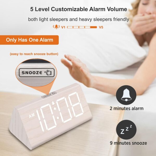 DreamSky Wooden Digital Alarm Clock for Bedroom - Living Room Desk Clock with Large Numbers, Bedside Nightstand Clock with USB Port, Adjustable Volume, Dimmer, DST, Office Wood Décor, Adapter Powered - Image 5