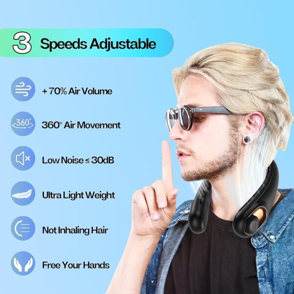KIDEE Neck Fan, Portable Bladeless Neck Fans, Upgrade 360° Airflow, Super Quiet, 3 Speeds, 4000mAh Personal Wearable Neck Fan, Upgraded Cooling Air Volume USB Rechargeable Hands Free Fan - Image 2