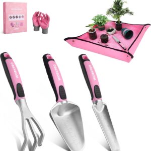 WORKPRO 5PCS Garden Tool Set, Powder Coating Compact Aluminum Gardening Tool Set with Repotting Mat, Outdoor Garden Hand Tools, Ideal Gardening Gift, Pink