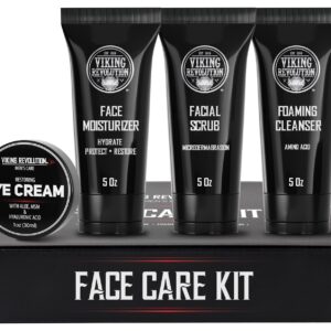 Viking Revolution Mens Facial Skin Care Kit - Includes Rejuvenating Face Moisturizer (5oz) Microdermabrasion Facial Scrub (5oz) Foaming Cleanser (5oz) Eye Cream (1oz)