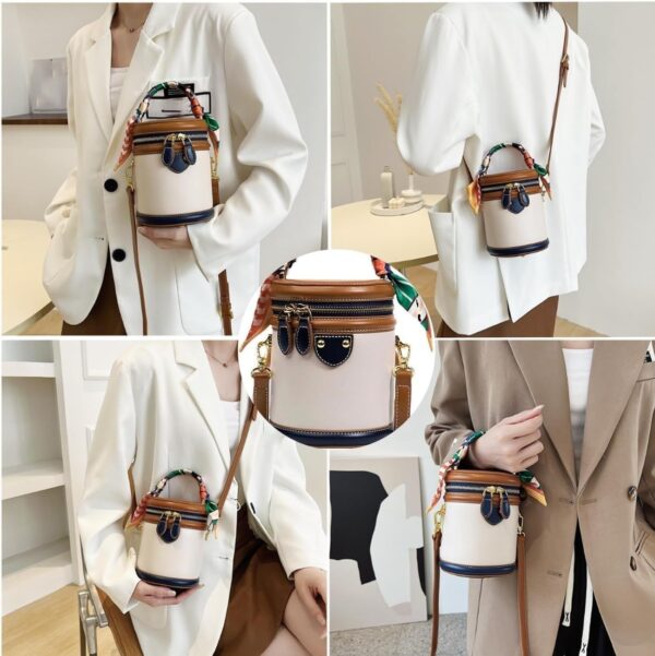 Colorblock Bucket Bag For Women, 2025 New Summer Niche Design Cylinder Bag,Ribbon Handle, Fashionable Crossbody Bag - Image 3