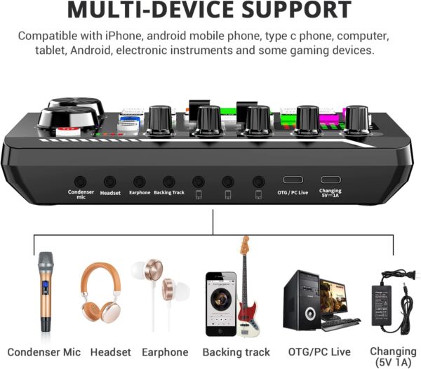 Facmogu F998 Live Sound Card Audio Mixer, Podcast Audio Interface with DJ Mixer Effects, Voice Changer with Sound Effects for Karaoke Tiktok YouTube Live Streaming Record Gaming - Image 4