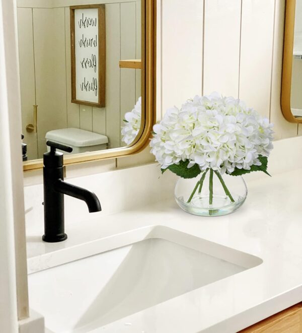 Hollyone Hydrangea Artificial Flowers with Vase White Silk Fake Flowers Arrangements in Glass Vase with Faux Water for Home Bathroom Office Table Centerpiece Shelf Decorations - Image 4
