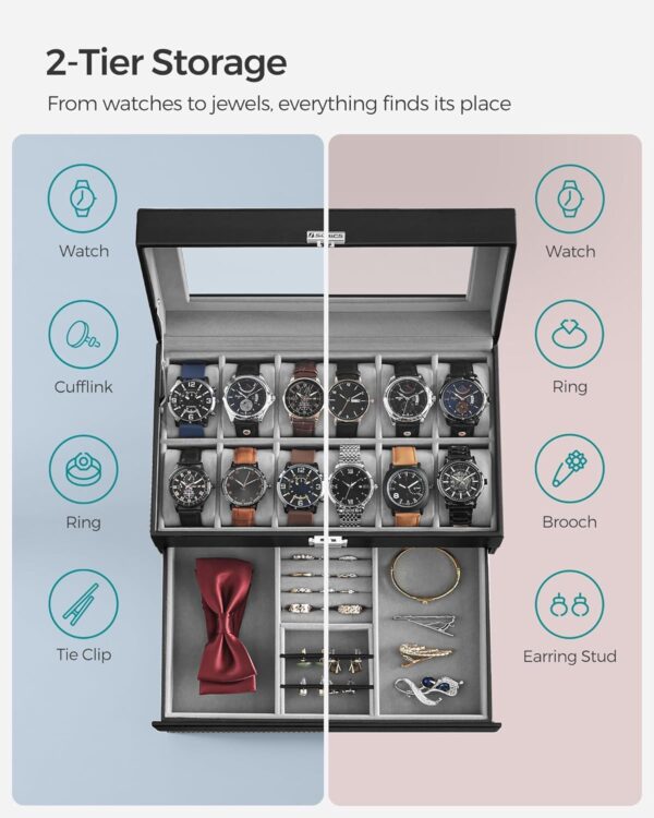 SONGMICS 12-Slot Watch Box, Lockable Watch Case with Glass Lid, 2 Layers, with 1 Drawer for Rings, Bracelets, Gift Idea, Black Synthetic Leather, Gray Lining UJWB012 - Image 3