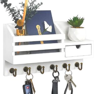 Key and Mail Holder For Wall, Mail Organizer Wall Mount with 6 Hooks and Storage Drawer, Easy Installation Key Rack for Entryway and Home Decor (A-White)