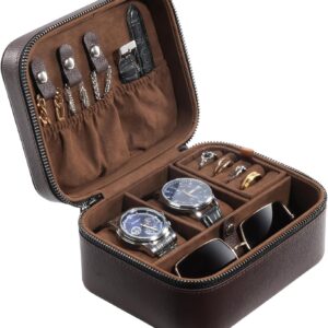 ProCase Father's Day Gift Travel Watch Case, 2 Slots PU Leather Mens Jewelry Box, Portable Watches Cufflinks Accessories Storage Case, Zippered Carrying Organizer Bag for Man -Brown