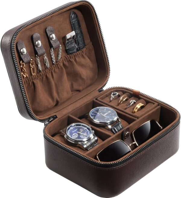 ProCase Father's Day Gift Travel Watch Case, 2 Slots PU Leather Mens Jewelry Box, Portable Watches Cufflinks Accessories Storage Case, Zippered Carrying Organizer Bag for Man -Brown