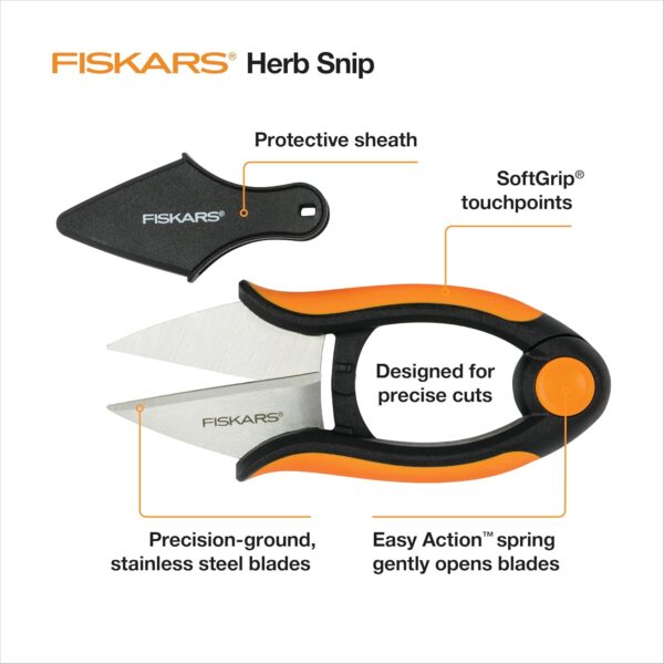 Fiskars Herb Garden Scissors, 5" Garden Shears, Handheld Herb Snips with Sheath and SoftGrip Handle, Dishwasher Safe - Image 2