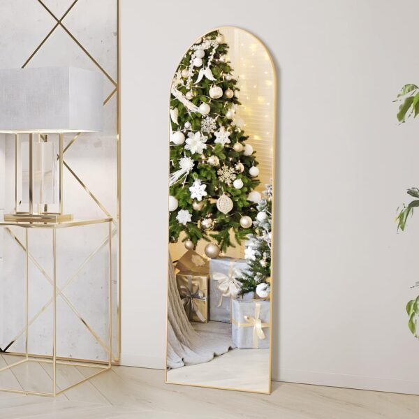 OLIXIS Arched Full Length Mirror 59"x16" for Bedroom, Full Body Mirror with Stand, Hanging or Leaning for Wall, Aluminum Alloy Thin Frame Floor Standing for Living Room, Tall, Gold - Image 7