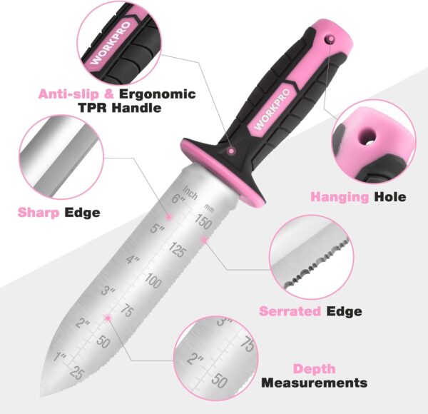 WORKPRO Hori Hori Garden Knife, 7" Stainless Steel Blade with Cutting Edge, Garden Tools with Oxford Sheath, Ergonomic TRP Handle with Hanging Hole for Weeding, Planting, Digging, Pink - Image 4