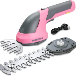 WORKPRO Cordless Grass Shear & Shrubbery Trimmer - 2 in 1 Handheld Hedge Trimmer 7.2V Electric Grass Trimmer Hedge Shears/Grass Cutter Rechargeable Lithium-Ion Battery and Type-C Cable - Pink Ribbon