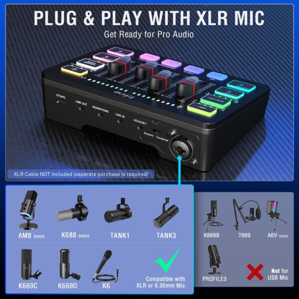 FIFINE Gaming Audio Mixer, Streaming RGB PC Mixer with XLR Microphone Interface, Individual Control, Volume Fader, Mute Button, 48V Phantom Power, for Podcast/Recording/Vocal/Game Voice-AmpliGame SC3 - Image 7