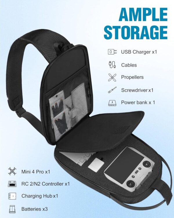Mini 4 Pro Case, Waterproof Hard Carrying Case, Portable Travel Drone Sling Backpack, Crossbody Bag Compatible with DJI Mini 4 Pro, RC 2/ RC-N2 Controller, Fly More Combo and Accessories - Image 3