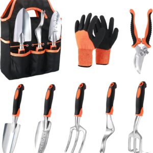 Garden Tools Set, 8 Piece Gardening Tools Set with Non Slip Ergonomic Handle, Heavy Duty Garden Tool Set with Storage Bag, Gardening Kit for Women, Garden Hand Tools Gift for Women and Men, Orange