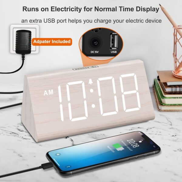 DreamSky Wooden Digital Alarm Clock for Bedroom - Living Room Desk Clock with Large Numbers, Bedside Nightstand Clock with USB Port, Adjustable Volume, Dimmer, DST, Office Wood Décor, Adapter Powered - Image 3