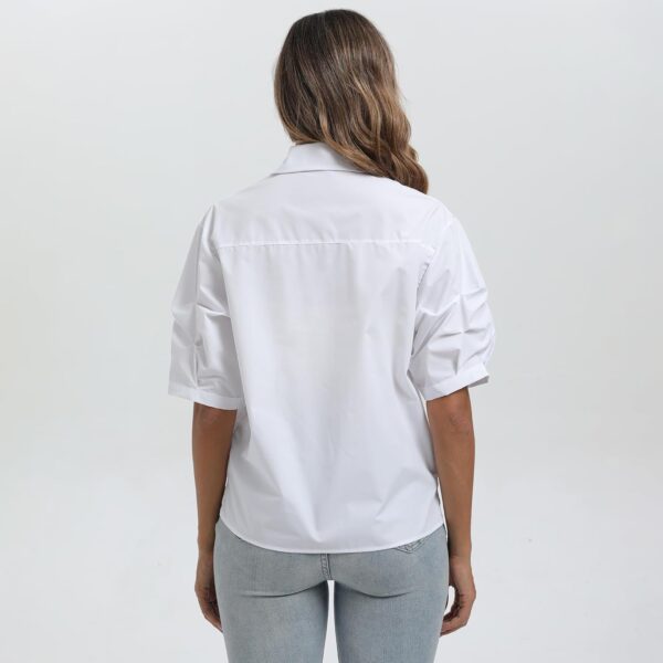 Womens White V Neck Blouse Shirt Short Ruched Sleeves Niche Casual Tops with One Front Chest Pocket - Image 3