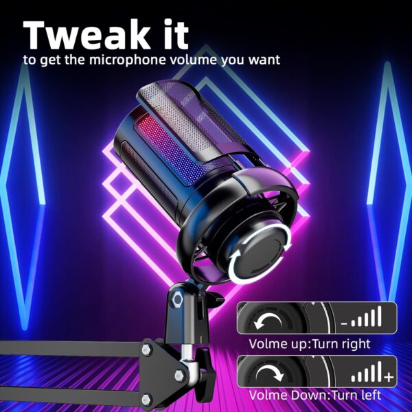 Gaming USB Microphone for PC，Podcast Microphone Kit for Streaming, Condenser Mic with Quick Mute, Boom Arm, Pop Filterm, RGB Indicator, Shock Mount, Rotate gain Button, Compatible with PS4/5/PC - Image 2