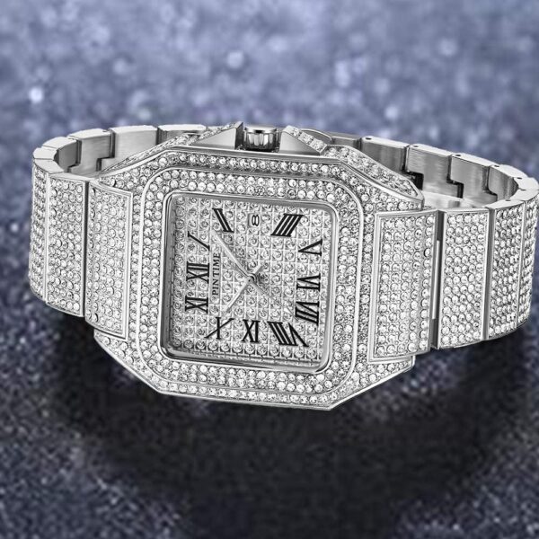Gosasa Fashion Hip Hop Men's Crystal Watch Bling Bling Watch Rectangle Case Stainless Steel Quartz Analog Bracelet Wristwatch - Image 5
