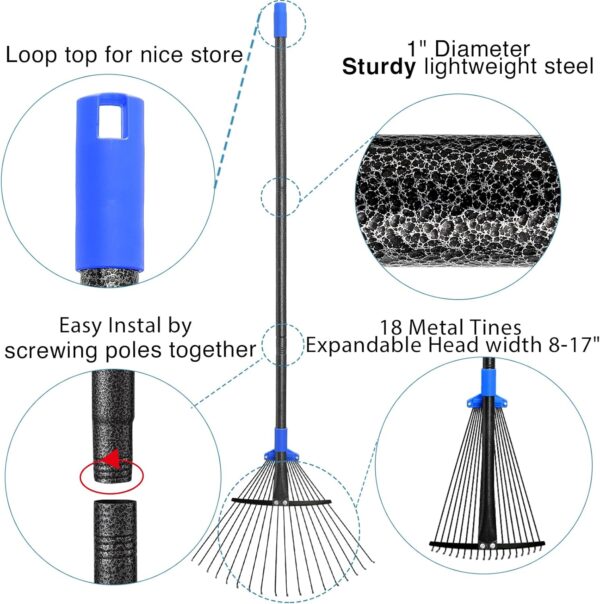 Adjustable Metal Leaf Rake Long Handle, Garden Rakes for Lawns Heavy Duty Leaves with Expandable Head 8-17", Yard Women Kids Rake for Gardening RV Camping - Image 7