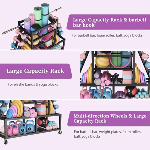Dumbbell Rack Weight Rack Storage-Large Dumbbells Rack Home Gym Storage,Multilevel Workout Storage Organizer with Wheels and Barbell Holder,Perfect for Yoga Mat Balls Kettlebells and Fitness Gear,black - Image 4