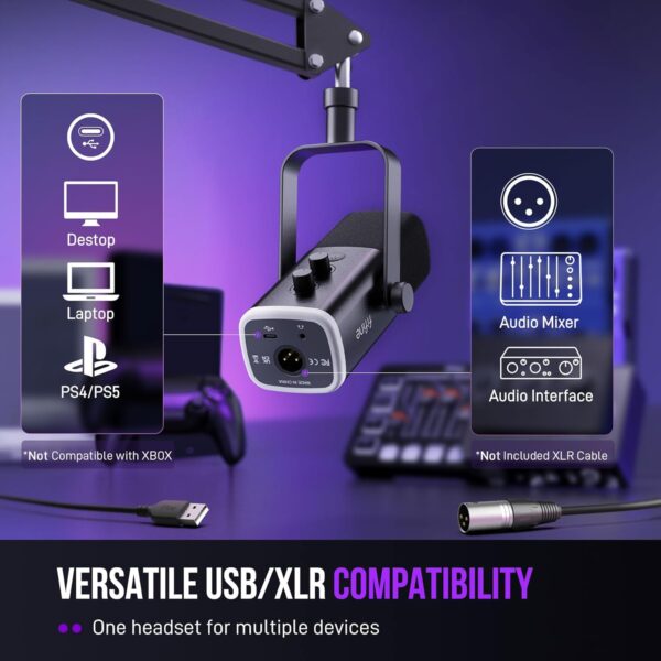 FIFINE XLR/USB Gaming Microphone Set, Dynamic PC Mic for Streaming Podcasting, Computer RGB Mic Kit with Boom Arm Stand, Mute Button, Headphones Jack, for Recording Vocal Voice-Over-AmpliGame AM8T - Image 7