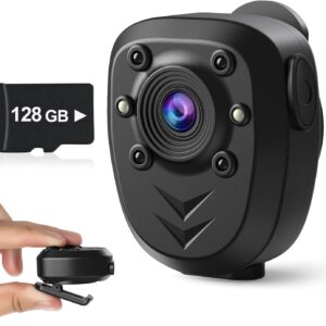 Mini Body Camera Video Recorder Built-in 128GB Memory Card with Night Vision IR & Loop Record HD 1080P, 4-6 HR Battery Life Wearable Police Cam for Home, Outdoor, Law Enforcement, Security Guard