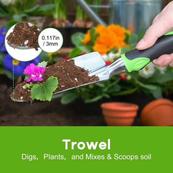 Garden Tool Set, 3 Pack Aluminum Heavy Duty Gardening Kit Includes Hand Trowel, Transplant Trowel and Cultivator Hand Rake with Soft Rubberized Non-Slip Ergonomic Handle, Garden Gifts - Image 3