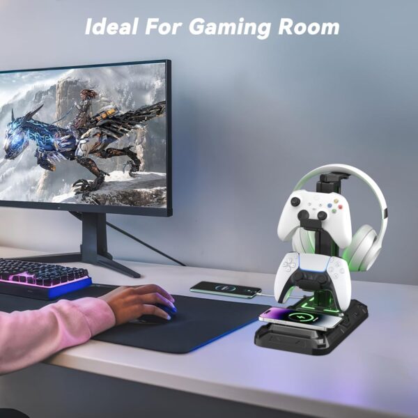 KDD Headphone & Controller Stand with Wireless Charging - Rotatable Headset Stand with 9 Light Modes - Controller Holder with 2 USB and Type C Ports - for Gamers Desktop Accessories - Image 7