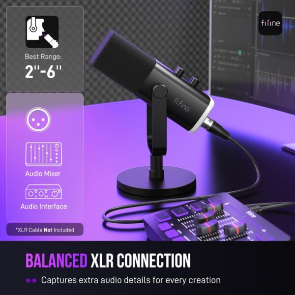 FIFINE USB/XLR Dynamic Microphone for Podcast Recording, PC Computer Gaming Streaming Mic with RGB Light, Mute Button, Headphones Jack, Desktop Stand, Vocal Mic for Singing YouTube-AmpliGame AM8 - Image 6