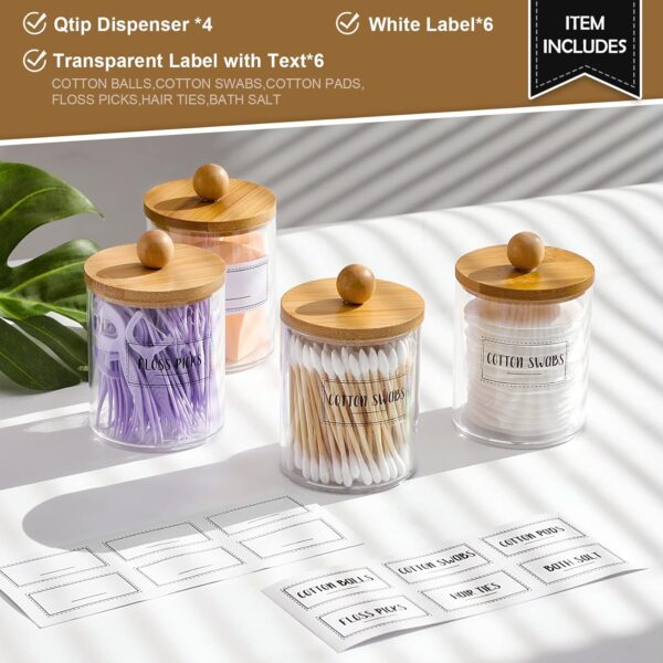 4 Pack Qtip Holder Dispenser with Bamboo Lids - 10 oz Clear Plastic Apothecary Jar Containers for Vanity Makeup Organizer Storage - Bathroom Accessories Set for Cotton Swab, Ball, Pads, Floss - Image 3