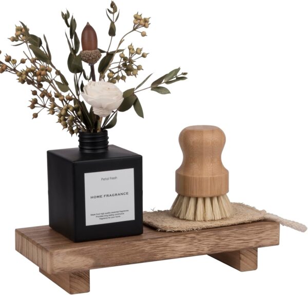 Small Wood Tray Pedestal Stand Farmhouse Bathroom Decor Decorative Wooden Riser Kitchen Soap Dish Holder for Vanity, Counter, Sink, Brown - Image 6