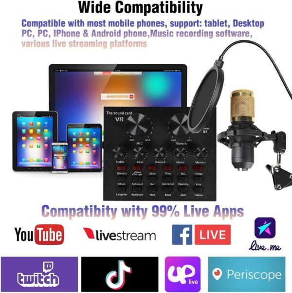 MorTime Condenser Microphone Bundle, Live Sound Card, Adjustable Boom Arm, Shock Mount, Metal Mic Pop Filter, Sponge Pop Filter Cover, Earphone, Audio Cables and Power Cable, Set of 11 Mic Kit - Image 4