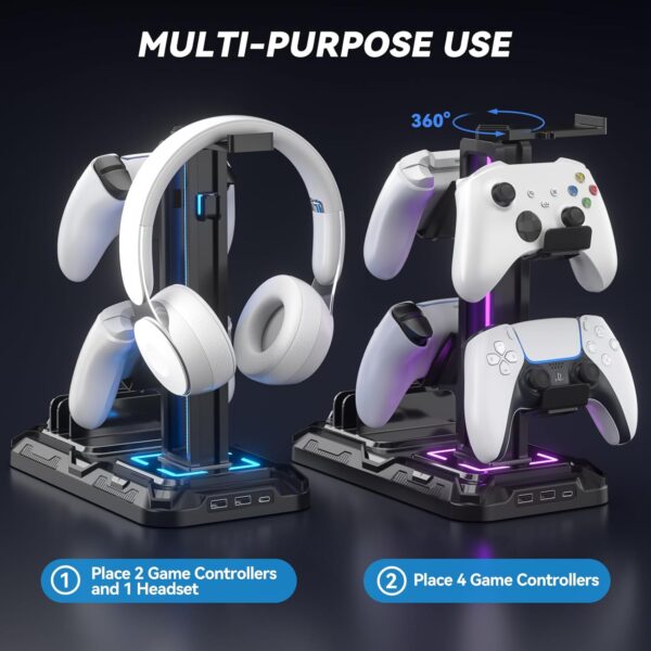 KDD Headset Stand with Charging Station - Detachable Controller Holder with 9 Light Modes - Rotatable Headphone Hanger with USB A&C Charger Ports - Earphone Hook for PC Gaming Accessories Storage - Image 7