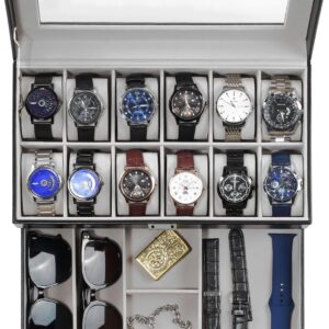 ProCase Watch Box for Men, 12 Slot Mens Watch Case With Drawer, Watch Display Case With Glass Lid, 2-Layer Watch Holder Organizer, Jewelry and Watch Storage for Men Women -12Slot, Black