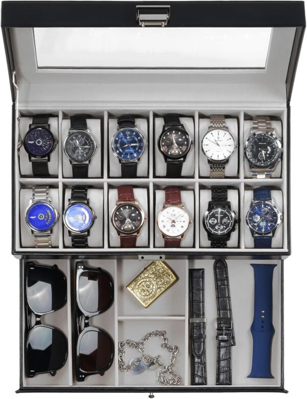 ProCase Watch Box for Men, 12 Slot Mens Watch Case With Drawer, Watch Display Case With Glass Lid, 2-Layer Watch Holder Organizer, Jewelry and Watch Storage for Men Women -12Slot, Black