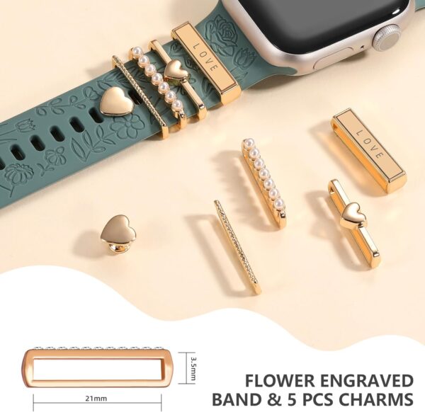 DaQin Flower Engraved Band Compatible with Apple Watch Bands for Women 40mm 38mm 41mm 42mm, Soft Silicone Band With Decorative Apple Watch Charms for iWatch Series 10 9 8 7 6 5 4 3 2 1 SE - Image 4
