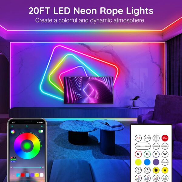 AILBTON 20Ft Neon Rope Lights,Flexible Led Rope Lights Control with App/Remote,Multiple Modes Rope Lights,IP65 Outdoor RGB Led Neon Lights,Music Sync Gaming Led Neons Light Strip for Bedroom Decor - Image 2