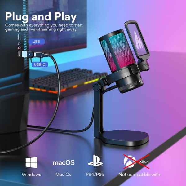 MAONO USB Gaming Microphone for PC, Noise Cancellation Condenser Mic with RGB Lights, Mute, Gain for Streaming, Recording, Podcast, Chat, Twitch, YouTube, Discord, Computer, PS5, PS4, GamerWave - Image 7