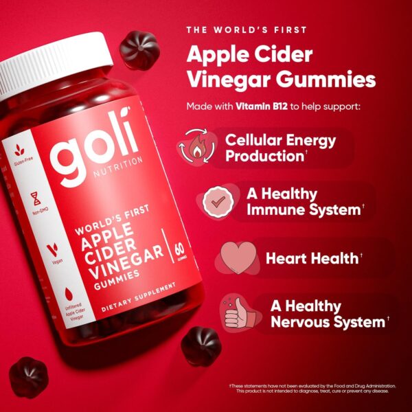 Goli Apple Cider Vinegar Gummy Vitamins - 60 Count - Vitamin B12, Gelatin-Free, Gluten-Free, Vegan & Non-GMO - Image 7